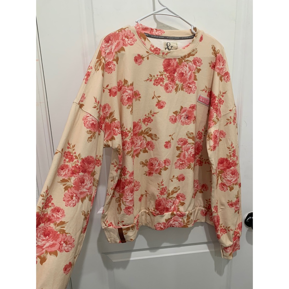 Ampersand Avenue Floral Rose Crewneck Sweatshirt Cream Pink XXXL Pullover